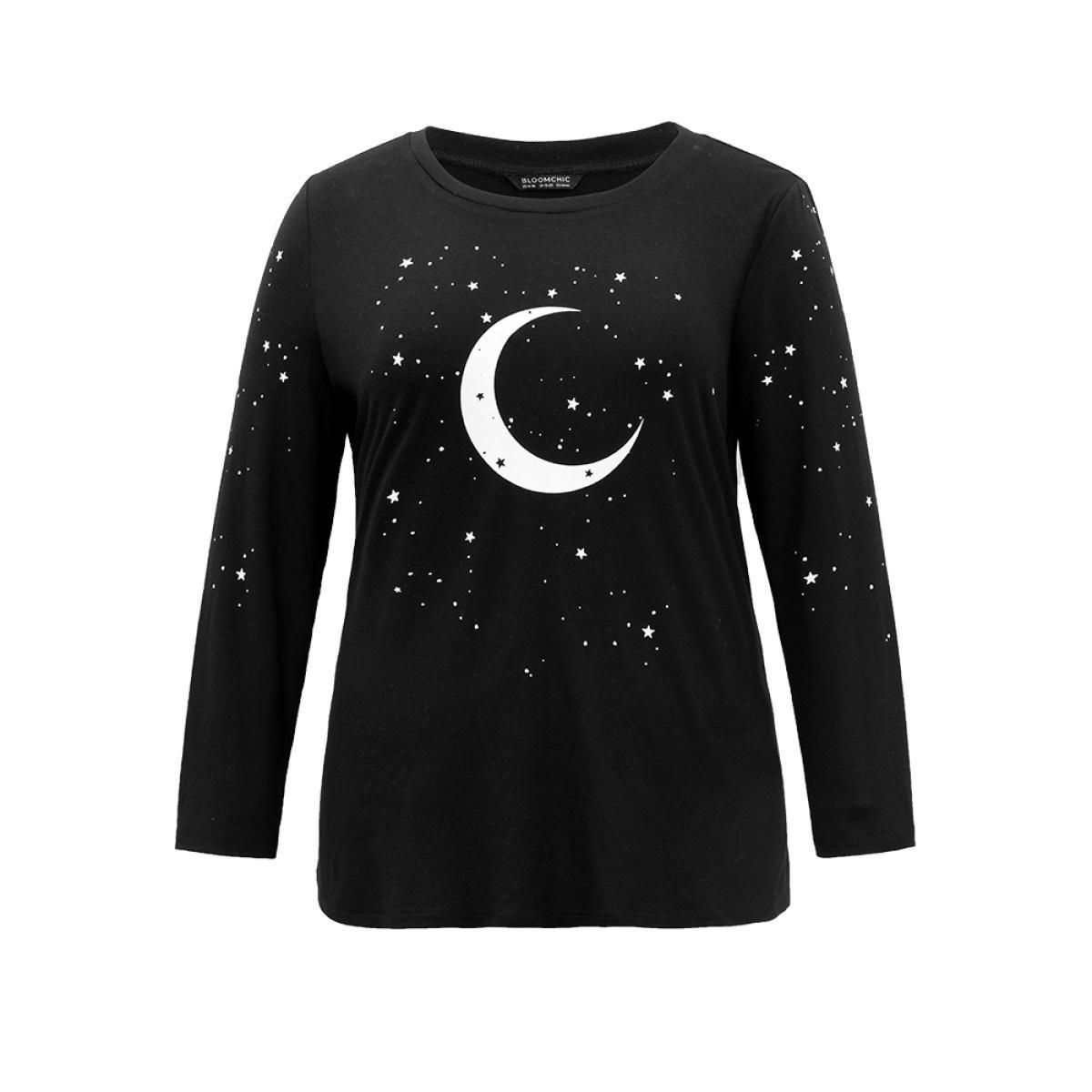 Plus Size Moon & Star Print Contrast T-shirt Black Women Casual Printed Star and moon Dailywear T-shirts BloomChic 14-16/1X Product Image