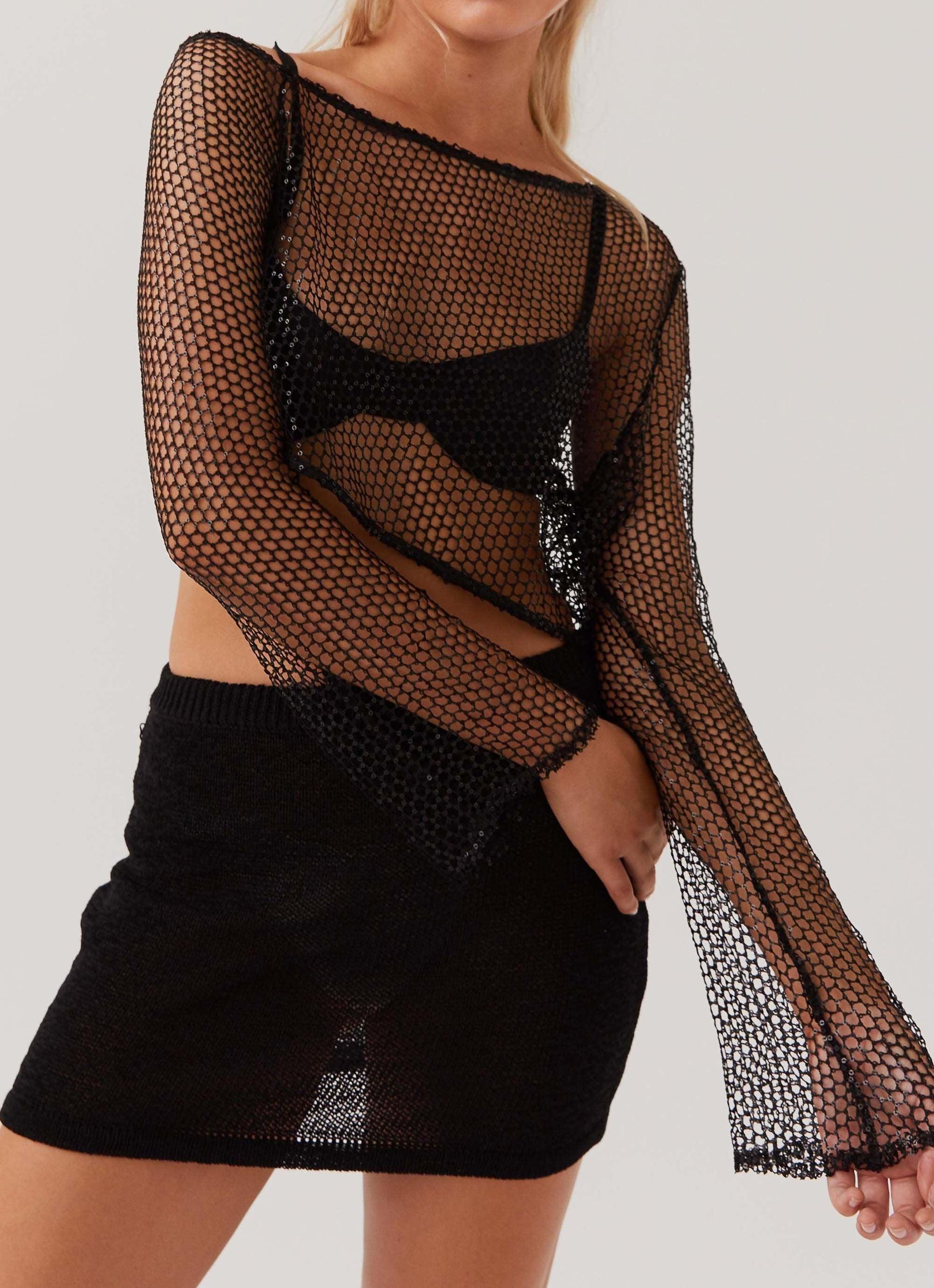 Zali Sequin One Shoulder Net Top - Black Product Image
