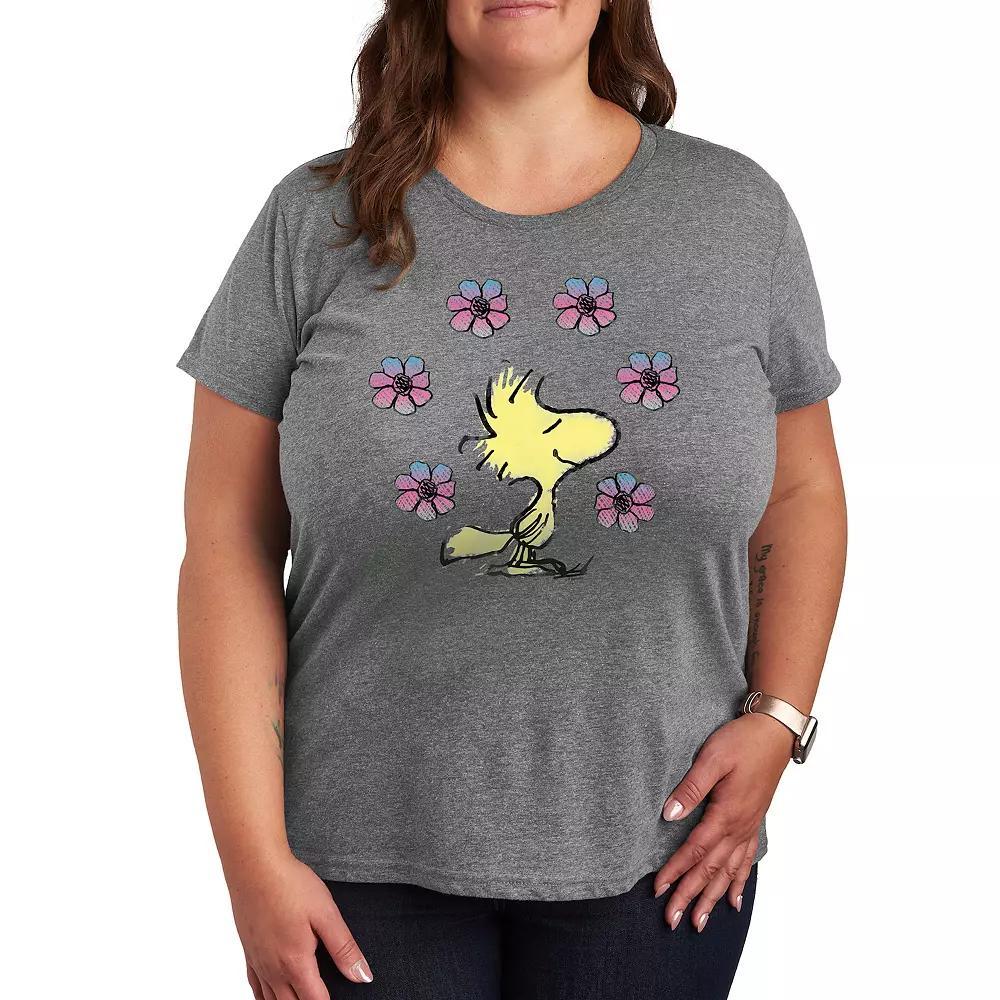 Plus Peanuts Woodstock Floral Graphic Tee, Womens Grey Gray Product Image