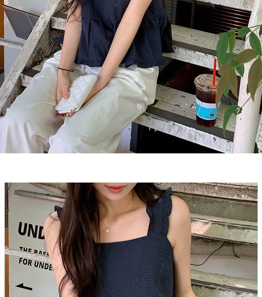 Ruffle Strap Tie Back Gingham Peplum Cami Top Product Image