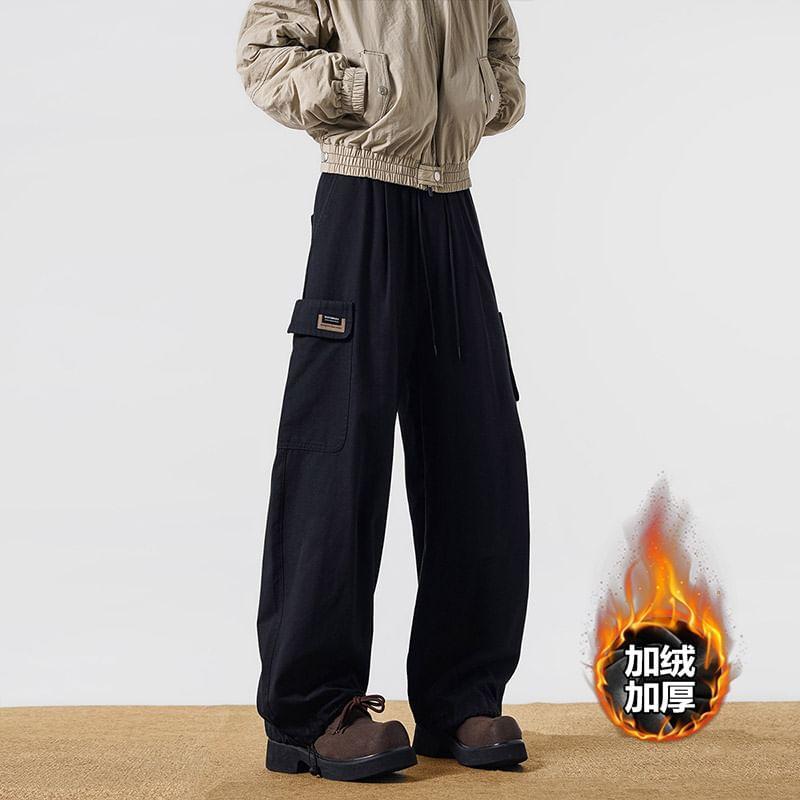 Drawstring Waist Plain Wide Leg Cargo Pants Product Image