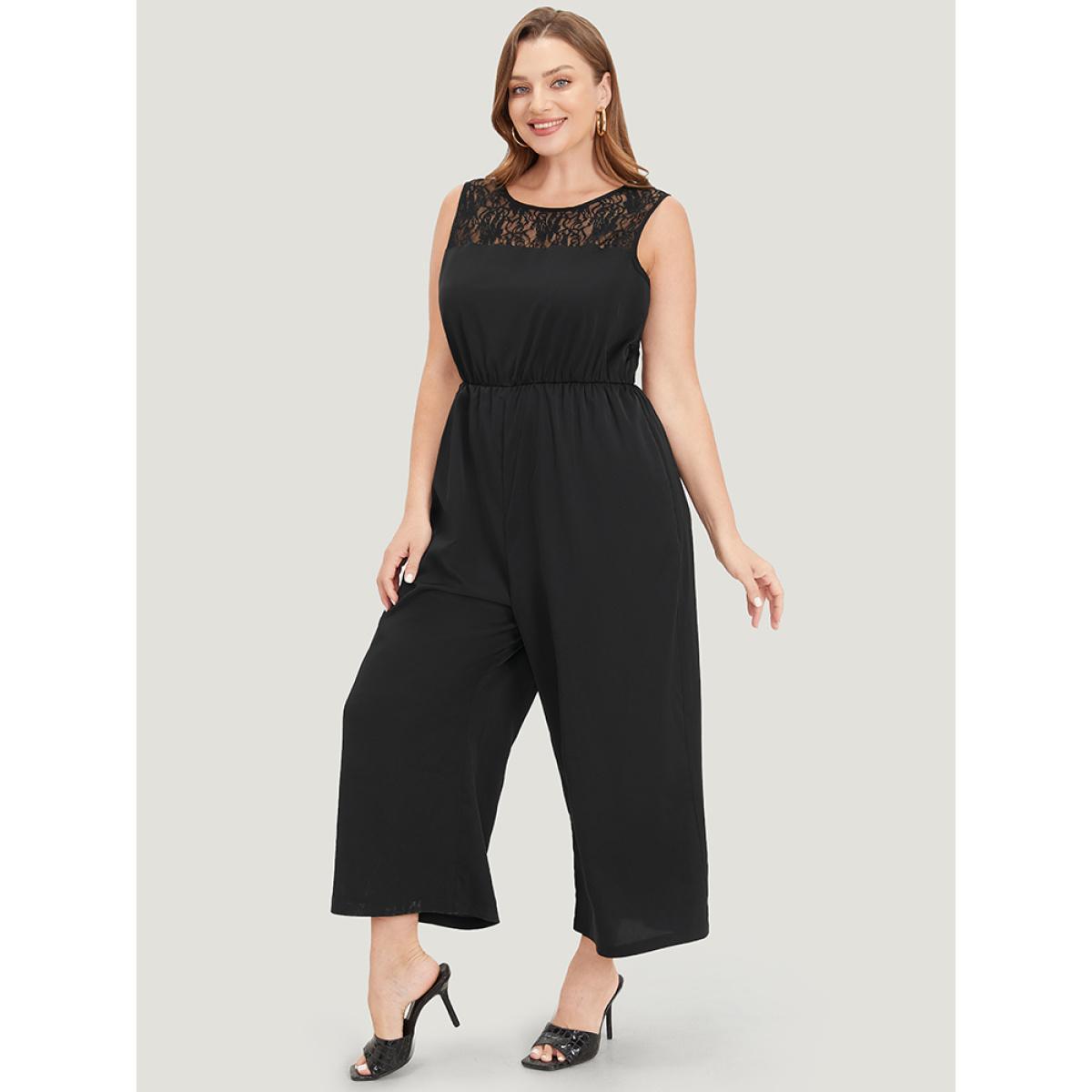Plus Size Black Solid Lace Mesh Pocket Sleeveless Jumpsuit Women Elegant Sleeveless Round Neck Dailywear Loose Jumpsuits BloomChic 22-24/3X Product Image