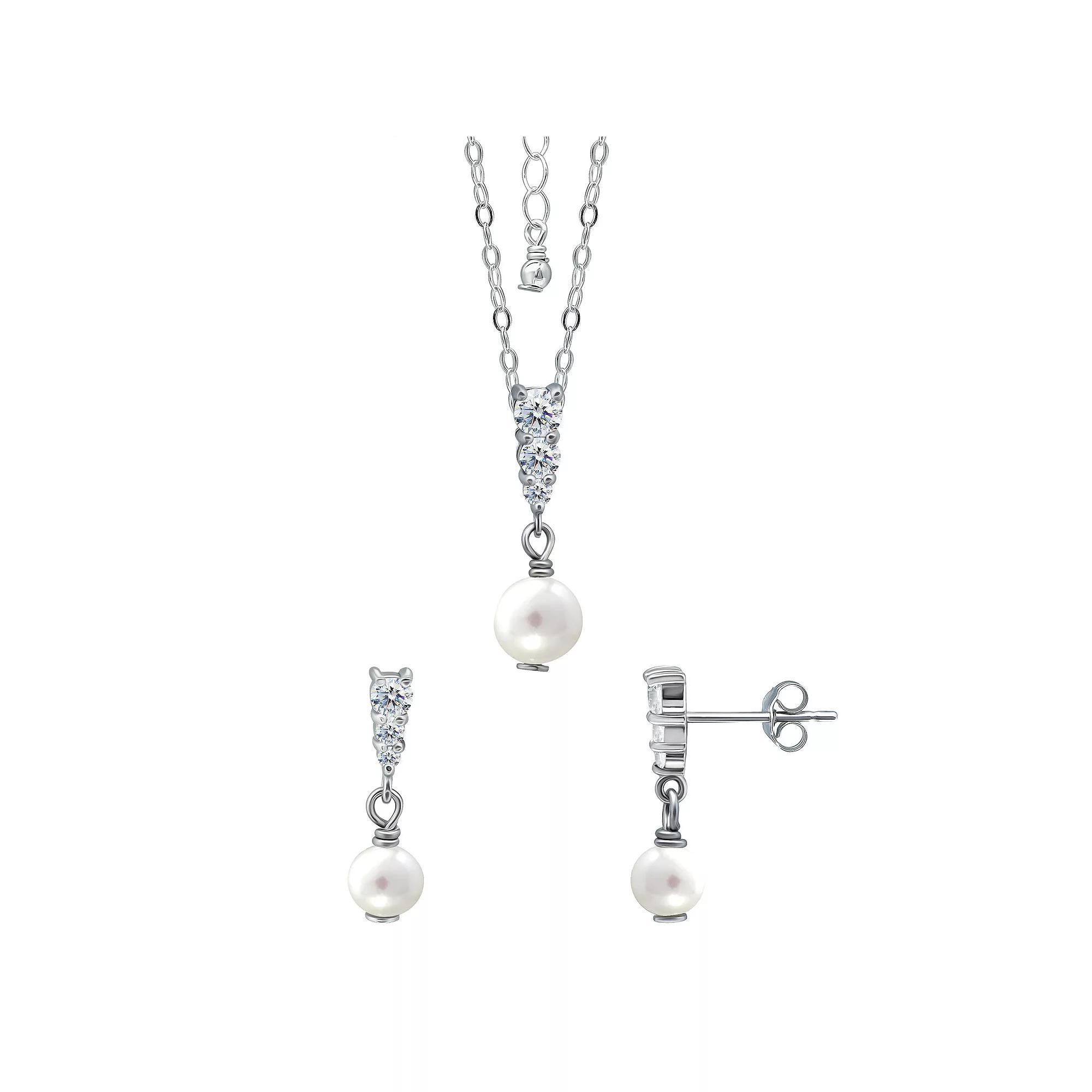 Aleure Precioso 18k Gold Over Silver Triple Cubic Zirconia & Freshwater Cultured Pearl Drop Pendant Necklace & Earrings Set, Women's, Size: 18", Gold Tone White Product Image