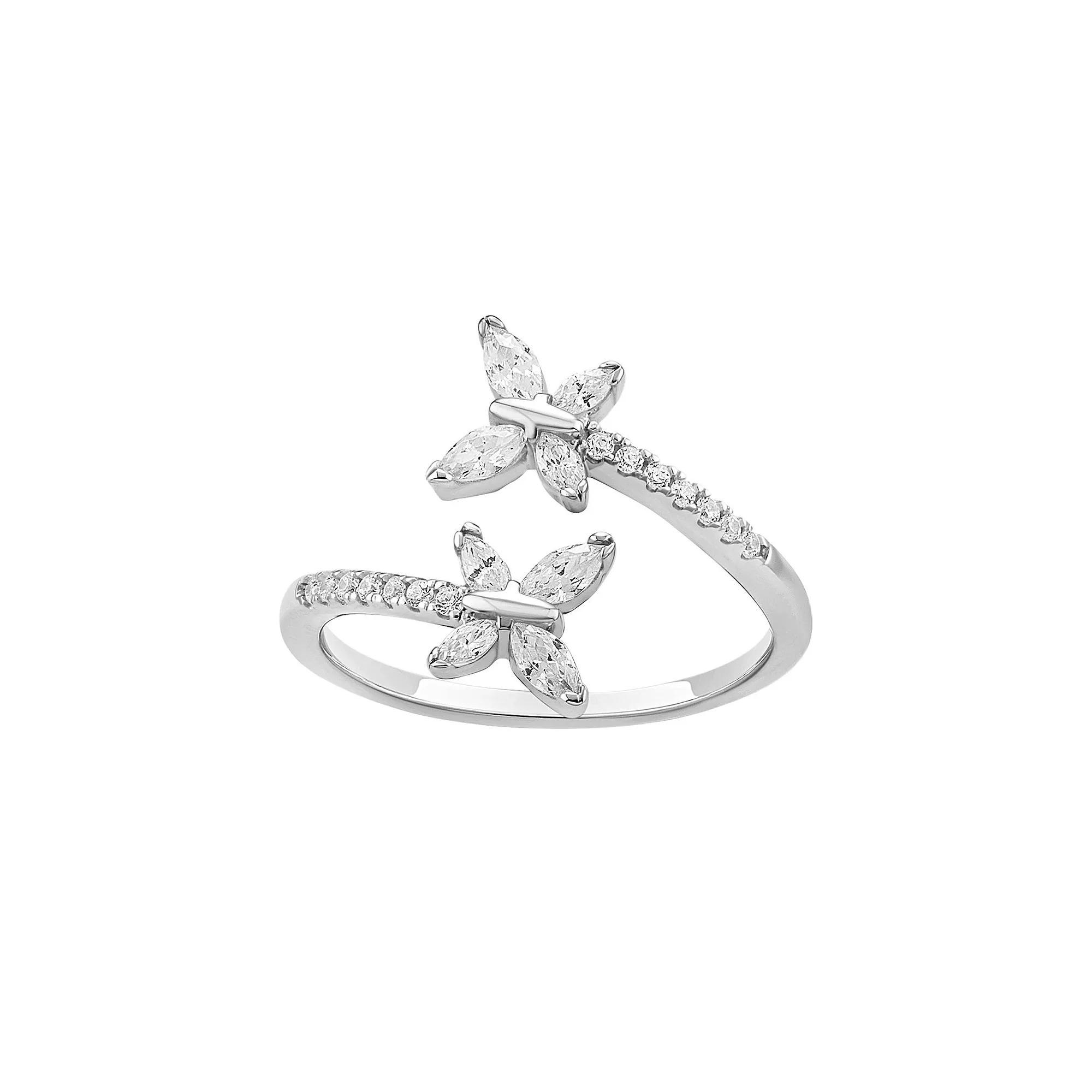 PRIMROSE Sterling Silver Cubic Zirconia Double Butterfly Bypass Ring, Women's, Size: 9, Sterling Silver White Product Image