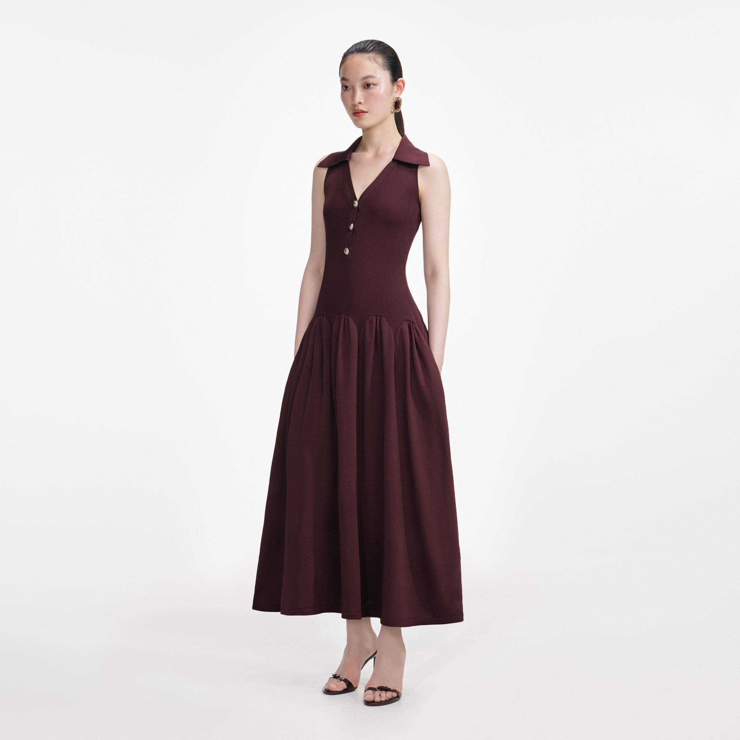 Brown Ribbed Knit Midi Dress Product Image