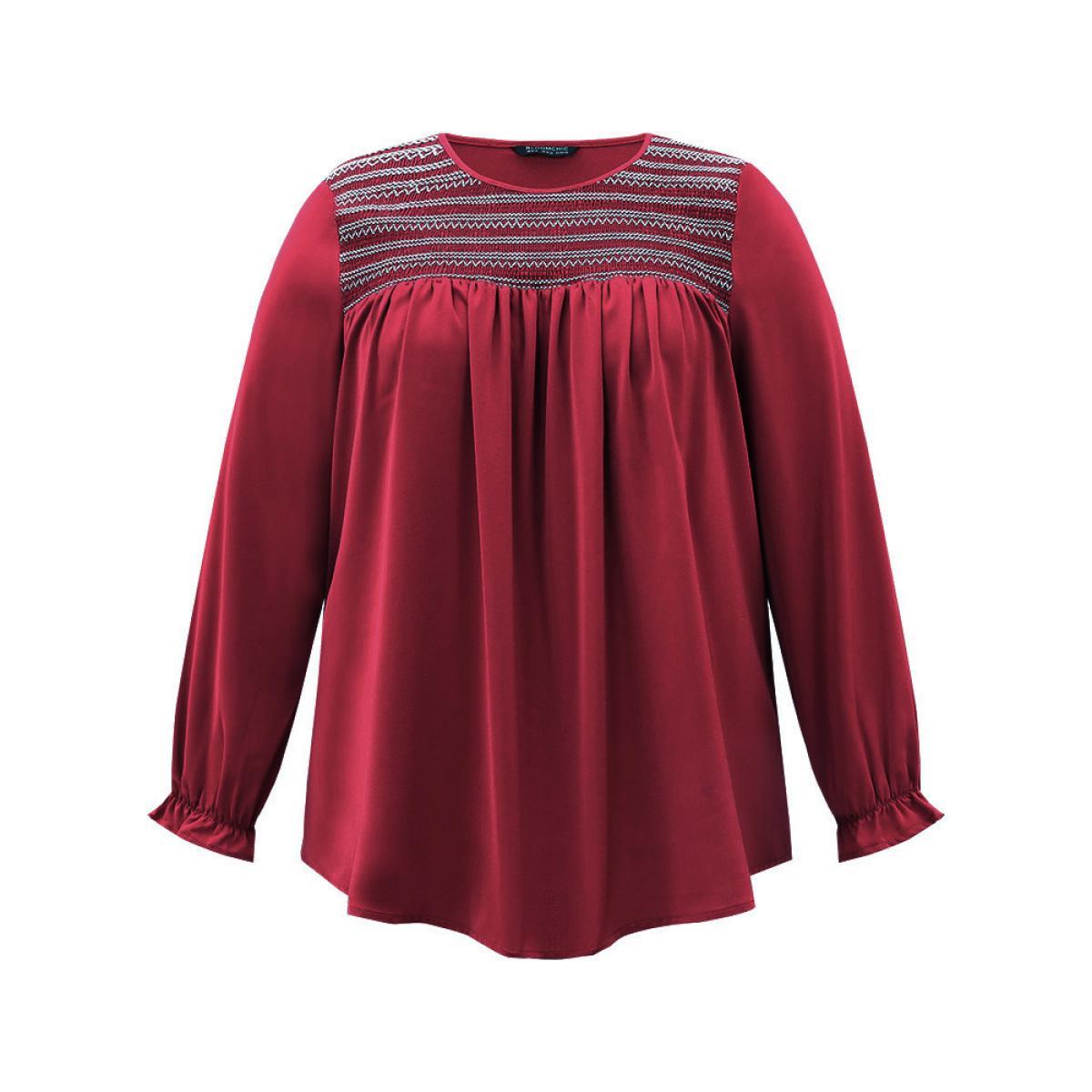 Plus Size Scarlet Contrast Trim Plicated Detail Flutter Sleeve Blouse Women Office Long Sleeve Round Neck Work Blouses BloomChic 26/4X Product Image