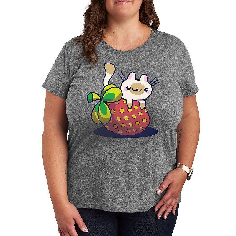 Plus Cat On Strawberry Graphic Tee, Womens Grey Gray Product Image