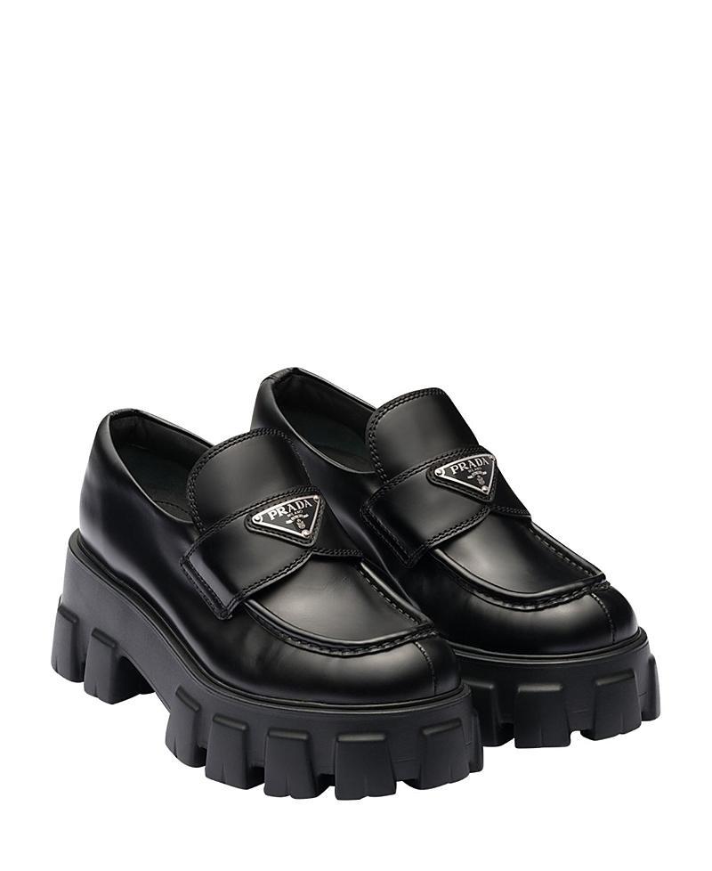 Prada Womens Brushed Leather Monolith Loafers Product Image