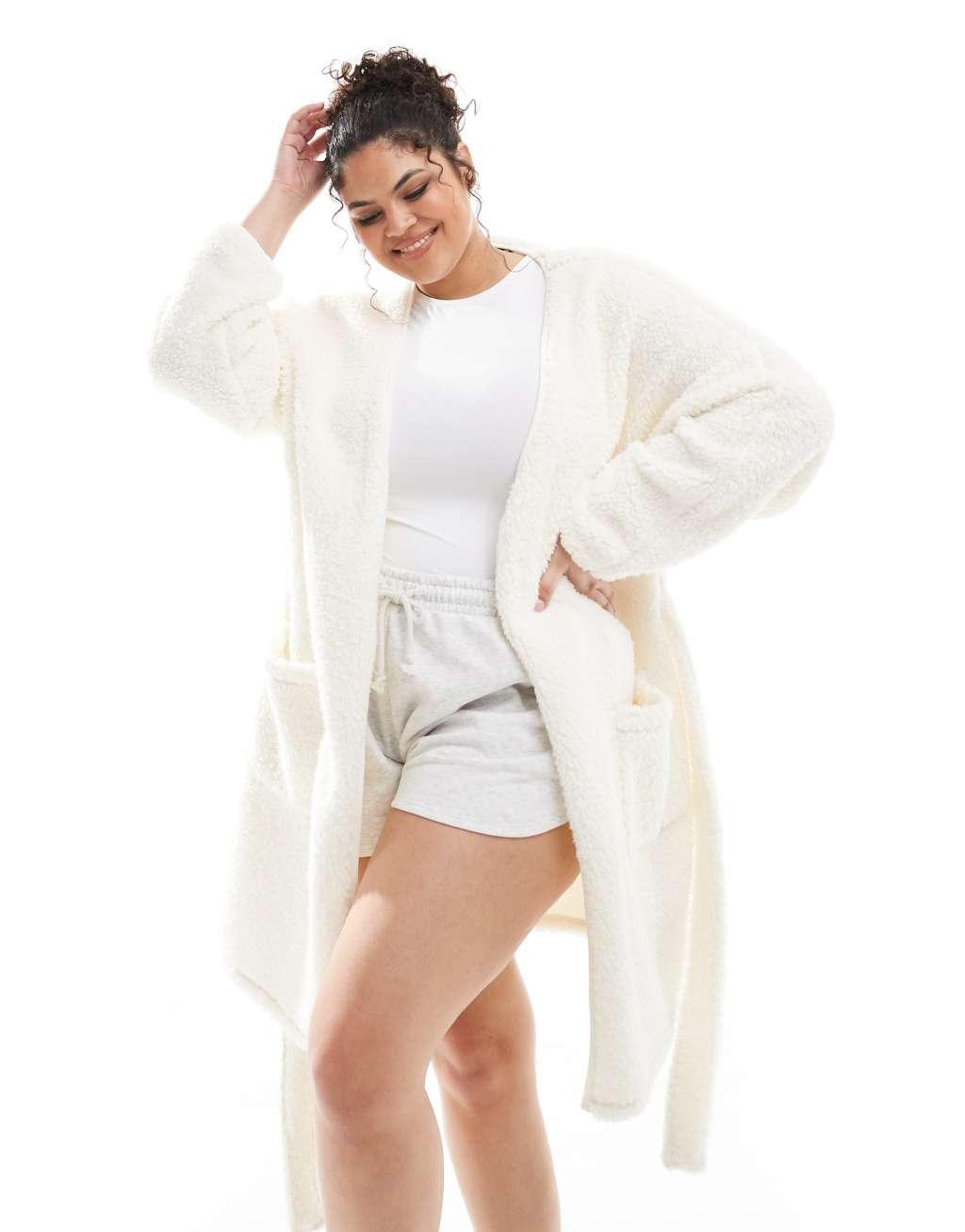 ASOS DESIGN Curve cloud fleece cardigan robe in cream Product Image