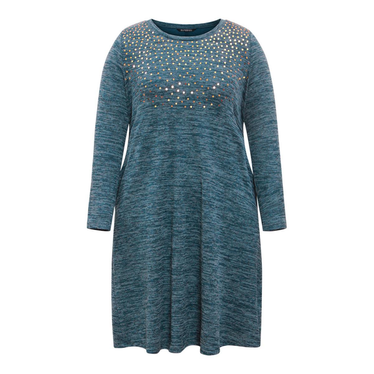 Plus Size Sequin Heather Pocket Long Sleeve Dress Aegean Women Basics Sequin Round Neck Long Sleeve Curvy Midi Dress BloomChic 26/4X Product Image