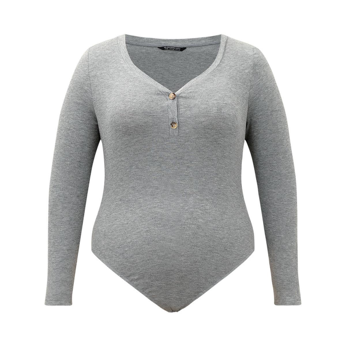 Plus Size Supersoft Essentials Rib Knit Button Up Bodysuit Women Gray Plain Plain Bodysuits BloomChic 12/L Product Image