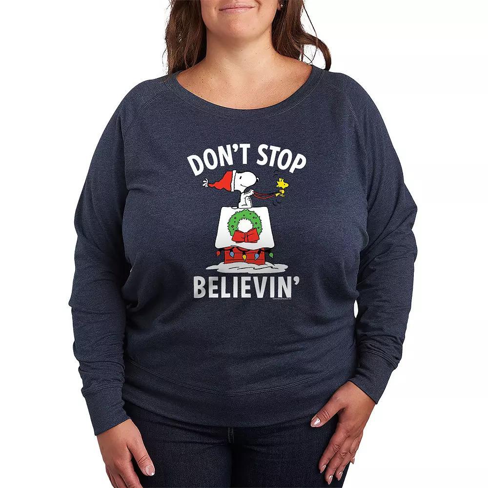 Plus Size Peanuts Believe Snoopy French Terry Long Sleeve Tee, Womens Grey Indigo Product Image
