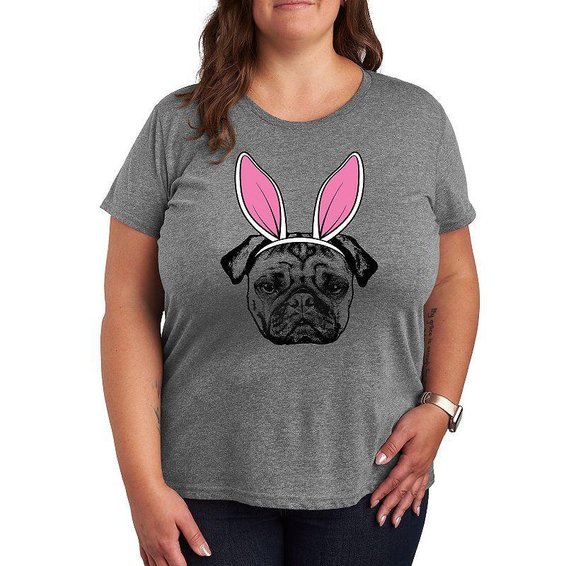 Plus Bunny Ears Pug Graphic Tee, Womens Grey Grey Product Image