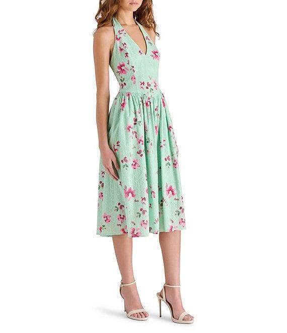 Steve Madden Ressi Floral Print Halter Tie V-Neck Sleeveless Eyelet Midi Dress Product Image