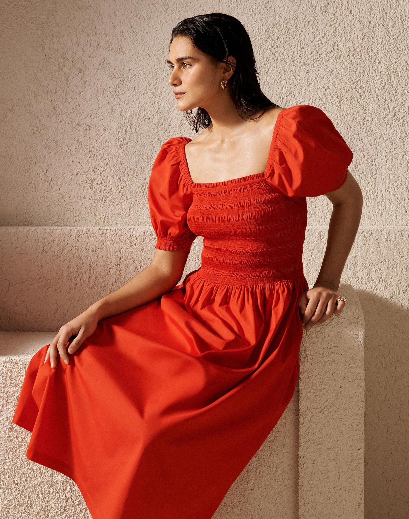 Smocked Puff Sleeve Midi Dress in Poplin Product Image