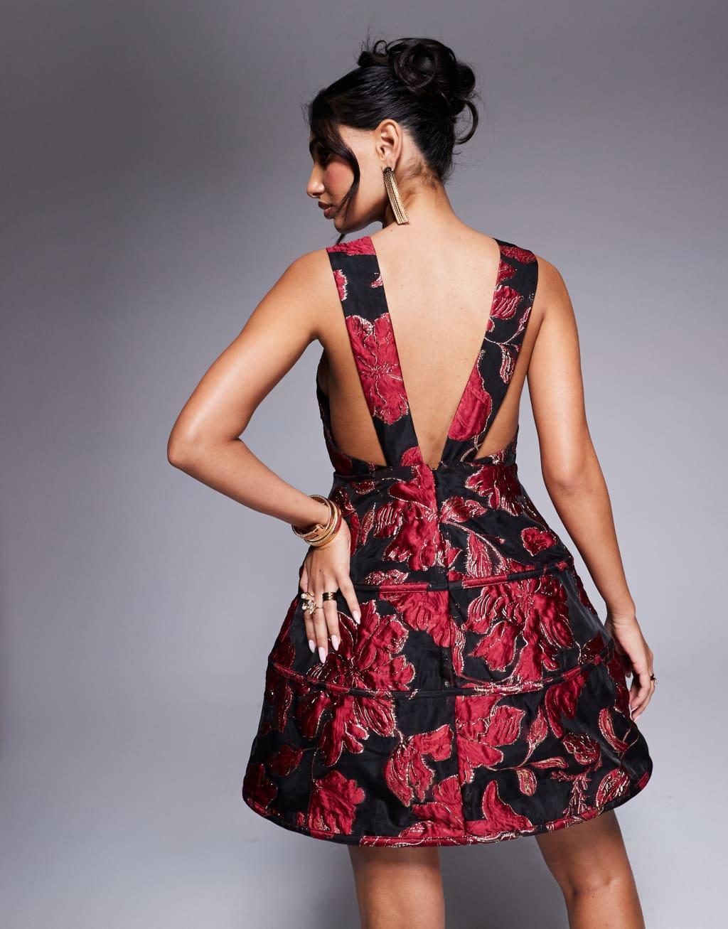 ASOS LUXE jacquard plunge caged mini dress with corsage in burgundy Product Image