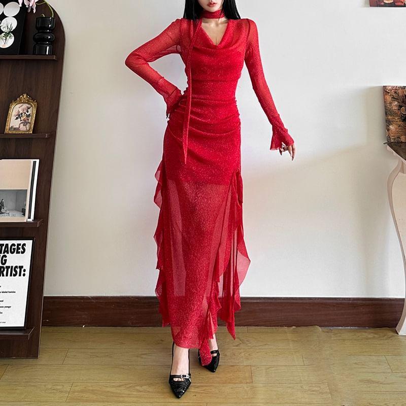 Long Sleeve Cowl Neck Ruffle Trim Glitter Midi Bodycon Dress Product Image