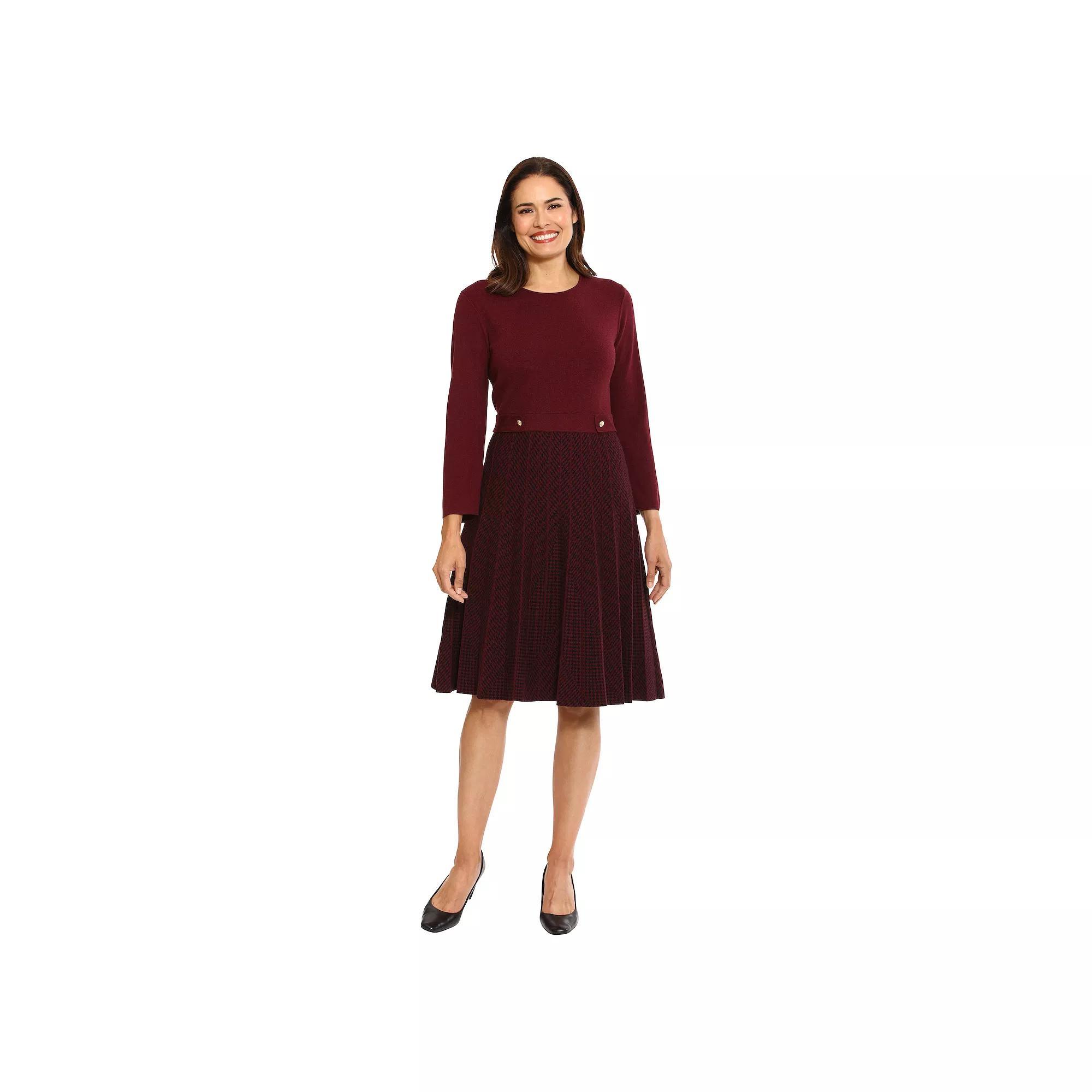 Women's London Times Jewel Neck Pleated Fit & Flare Dress, Size: XL, Red Product Image