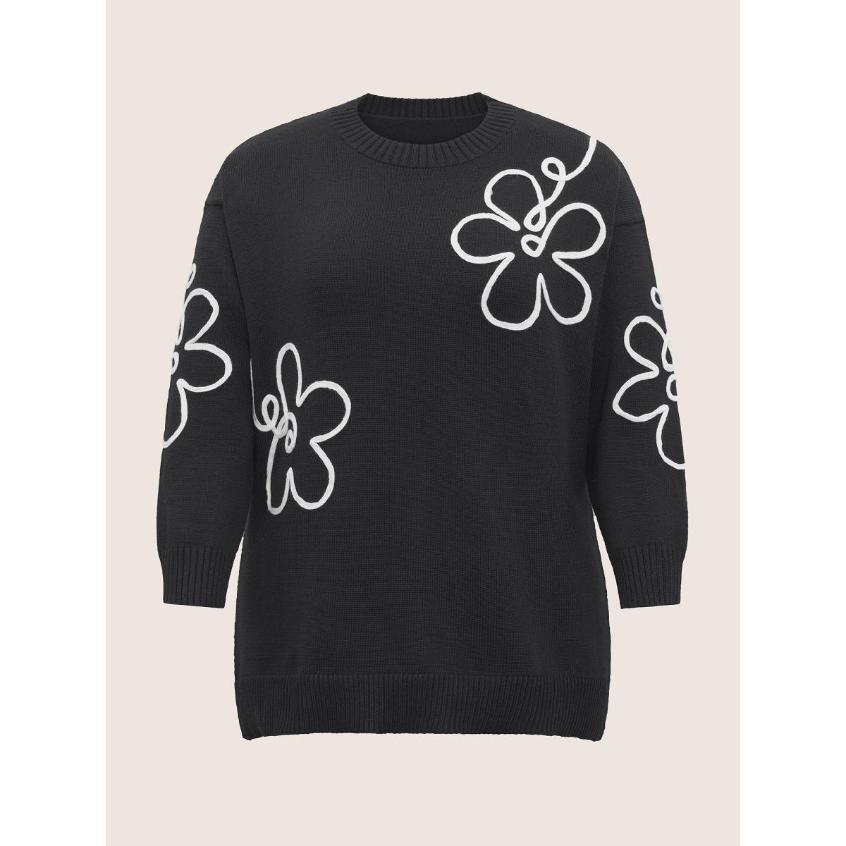 Plus Size Supersoft Essentials Floral Embroidered Crew Neck Pullover Black Women Casual Loose Long Sleeve Round Neck Everyday Pullovers BloomChic 28/5X Product Image