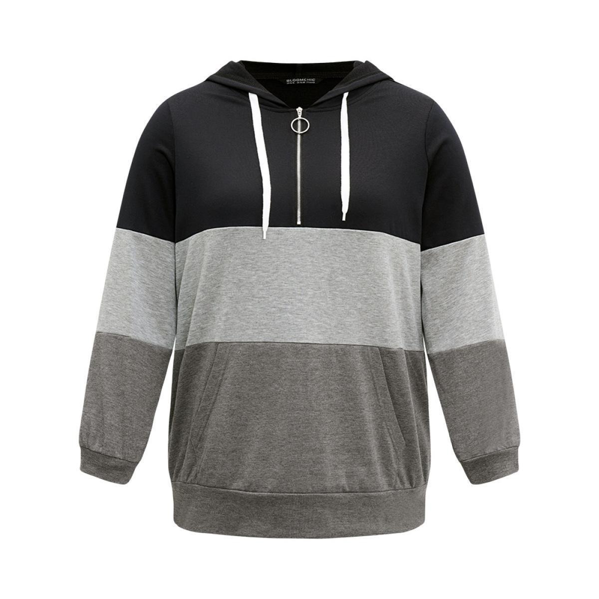 Plus Size Colorblock Contrast Half Zip Hooded Sweatshirt Women DimGray Casual Elastic cuffs Hooded Dailywear Sweatshirts BloomChic 14-16/1X Product Image