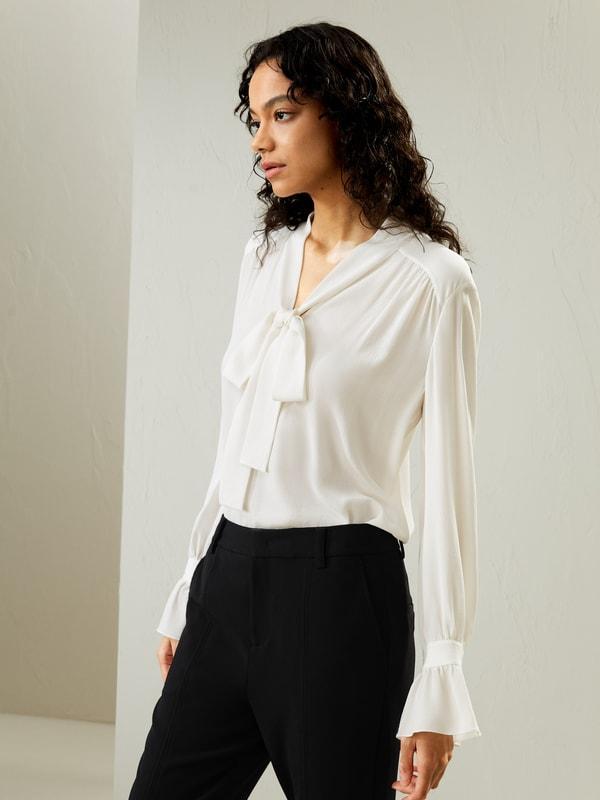 Silk V-neck Ribbon Blouse Product Image
