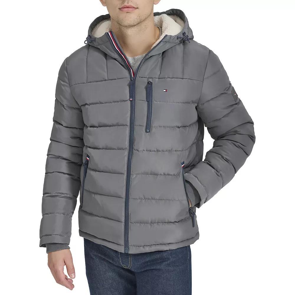 Men's Tommy Hilfiger Hooded Puffer Jacket with Sherpa Lined Hood, Size: Medium, Blue Colorblock Product Image