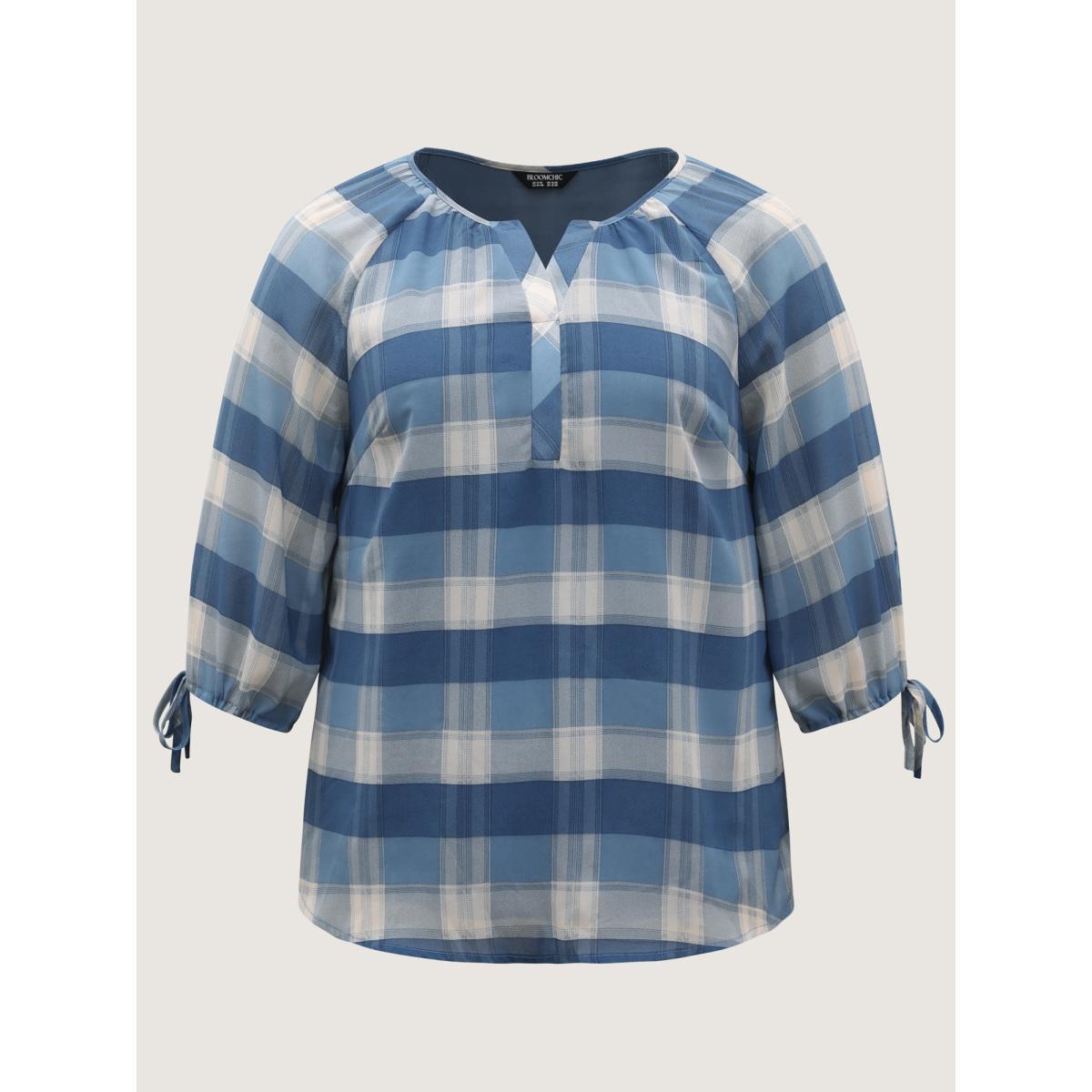 Plus Size Mediumblue Plaid Print Notched Collar Blouse Women Elbow-length sleeve Flat collar with V-notch Everyday-Casual Blouses BloomChic 28/5X Product Image