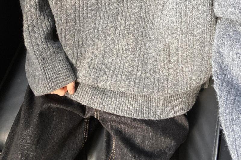 Notch Neck Drop Shoulder Cable Knit Oversized Sweater Product Image