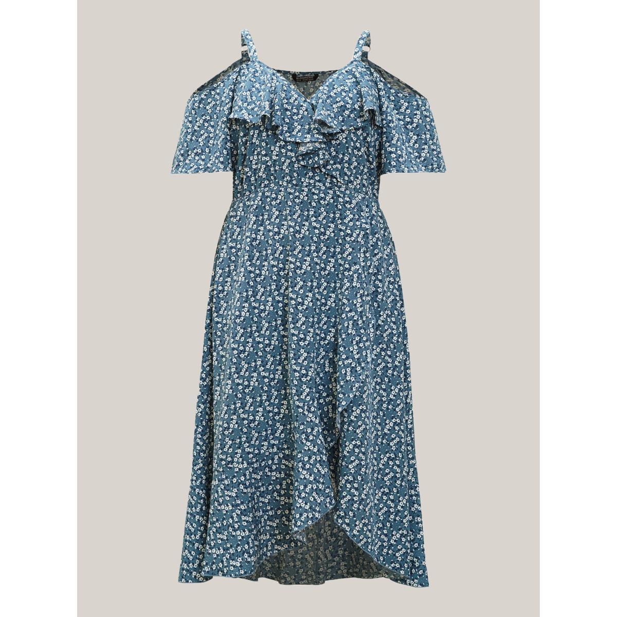 Plus Size Ditsy Floral Pocket Wrap Cold Shoulder Ruffle Dress Stone Women Elegant Non Overlap Collar Short sleeve Curvy Midi Dress BloomChic 10/M Product Image