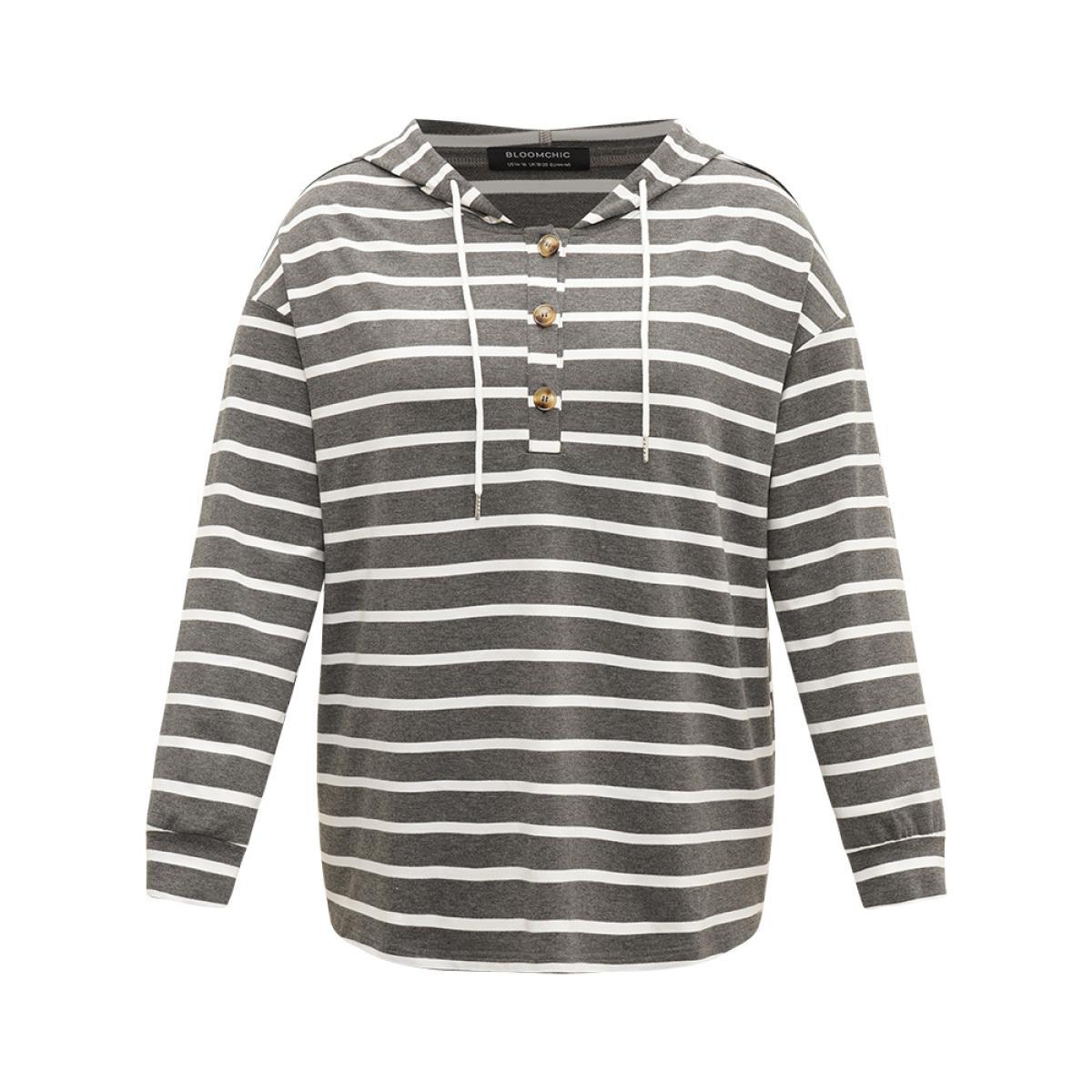 Plus Size Striped Button Up Hooded Sweatshirt Women Gray Casual Button Hooded Dailywear Sweatshirts BloomChic 18-20/2X Product Image