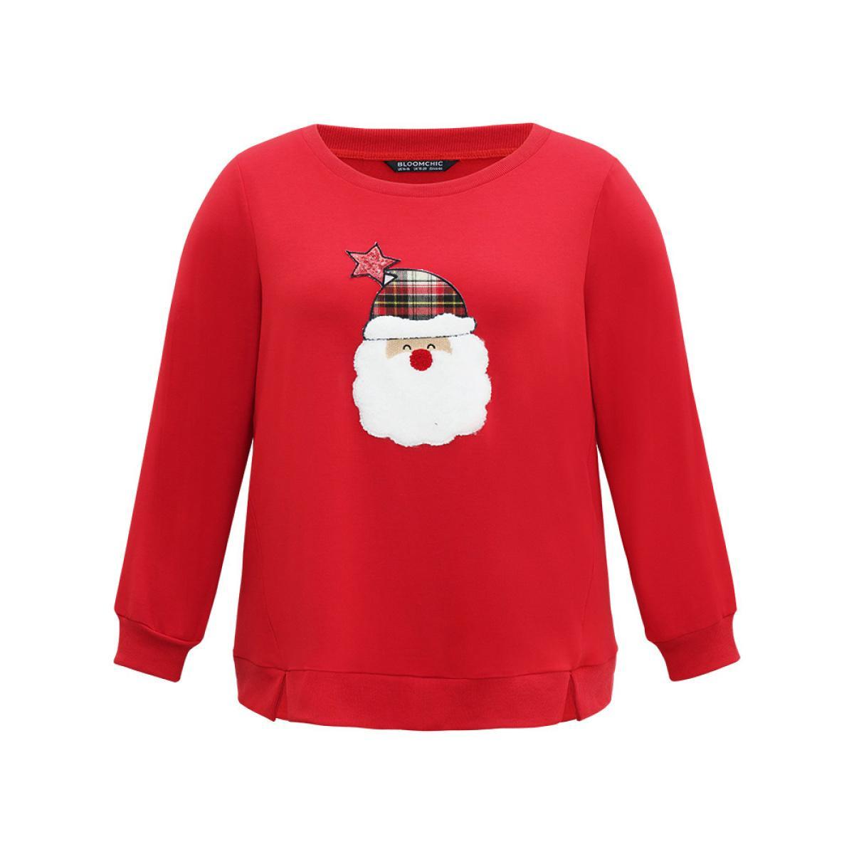 Plus Size Santa Claus Graphic Split Detail Sweatshirt Women Red Casual Rib Knit Festival-Christmas Sweatshirts BloomChic 12/L Product Image