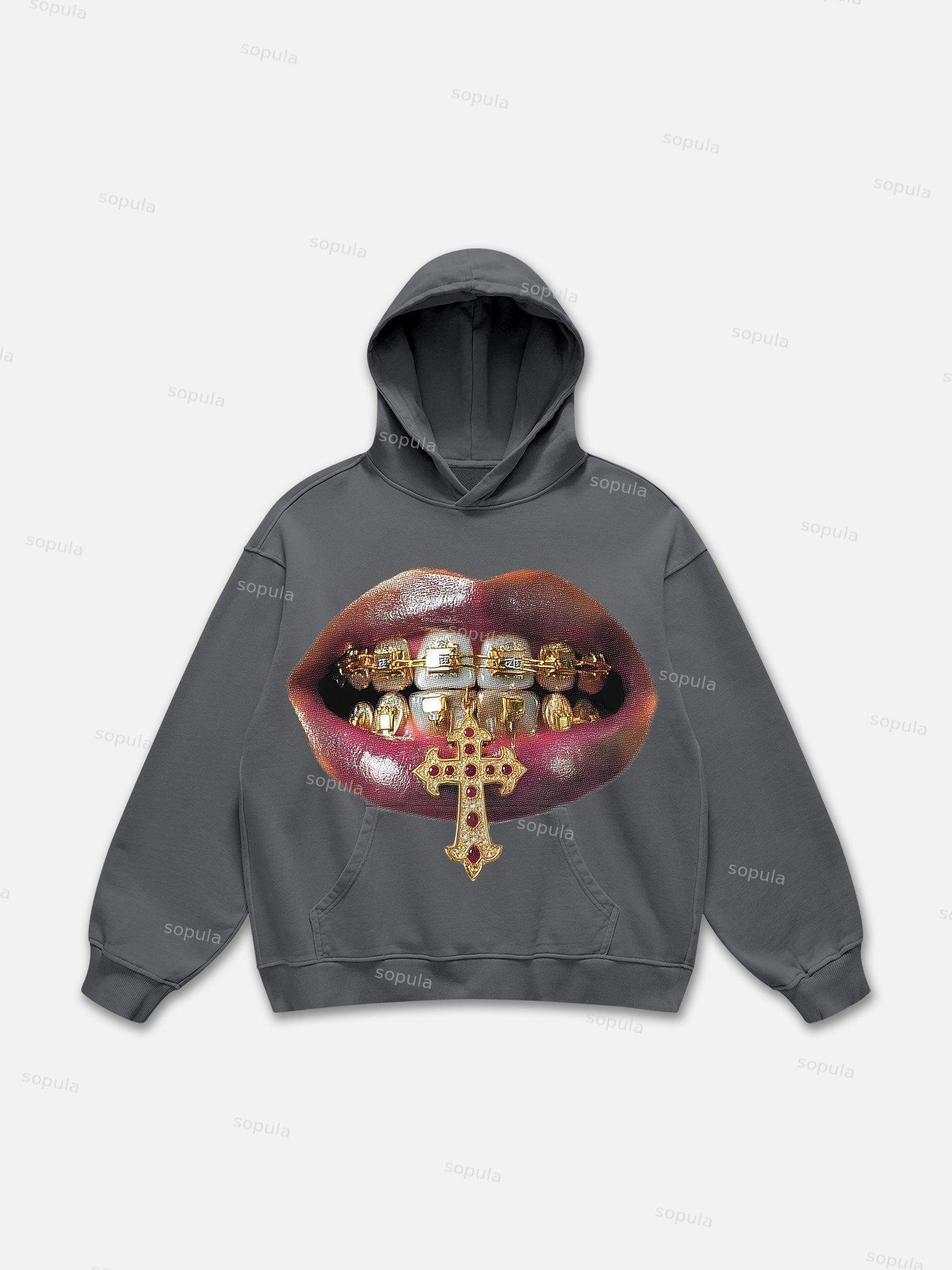 High-quality Golden Cross Gem Patch Grills Print Hoodie Product Image