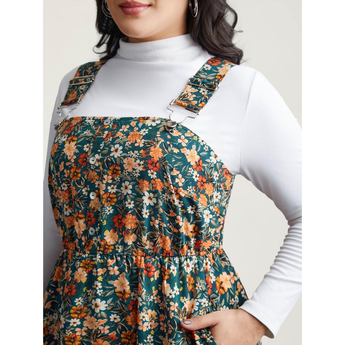 Plus Size Ditsy Floral Adjustable Straps Elastic Waist Dress Teal Women Casual Gathered Non Sleeveless Curvy BloomChic 12/L Product Image