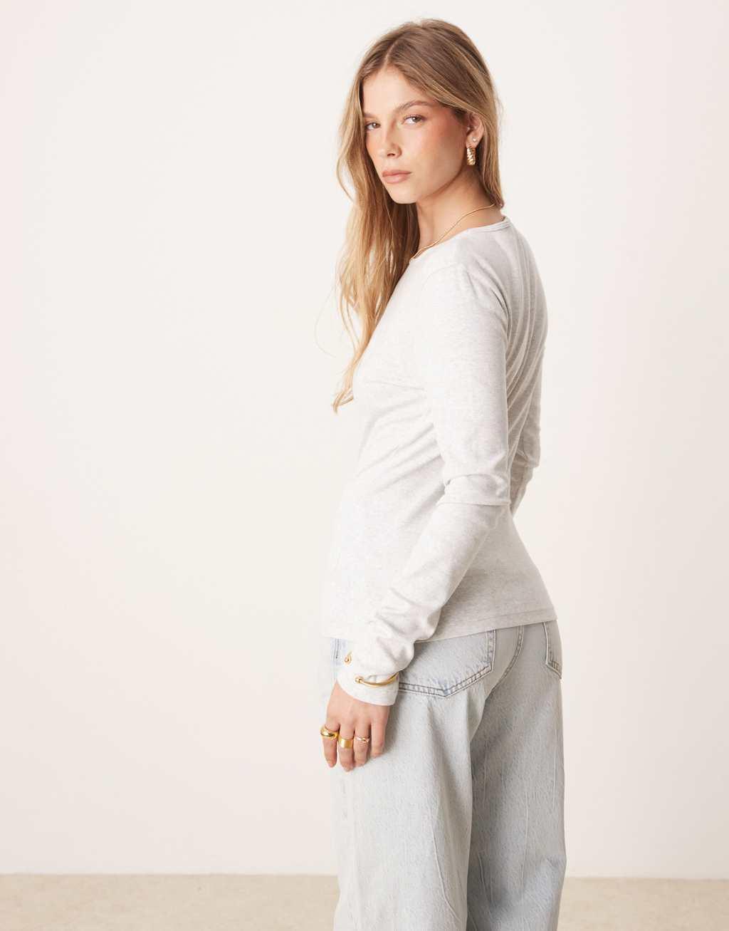 Gina Tricot jersey rib round neck long sleeve top in gray melange Product Image