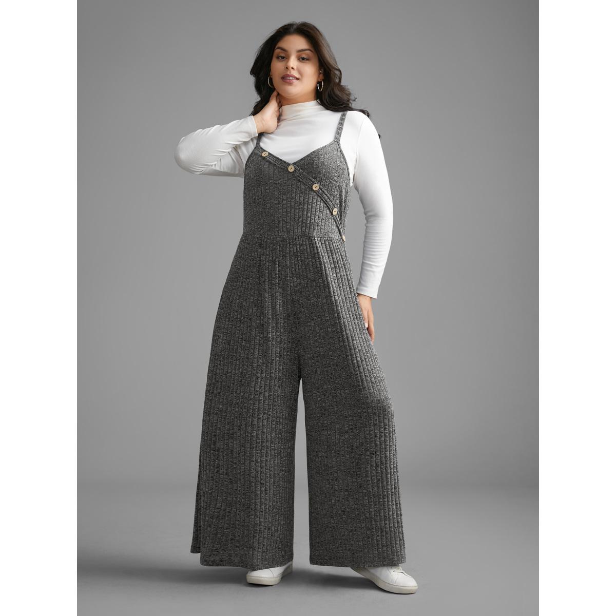 Plus Size DimGray Plain Rib Knit Button Detail Jumpsuit Women Casual Sleeveless Heart neckline Everyday Loose Jumpsuits BloomChic 14-16/1X Product Image