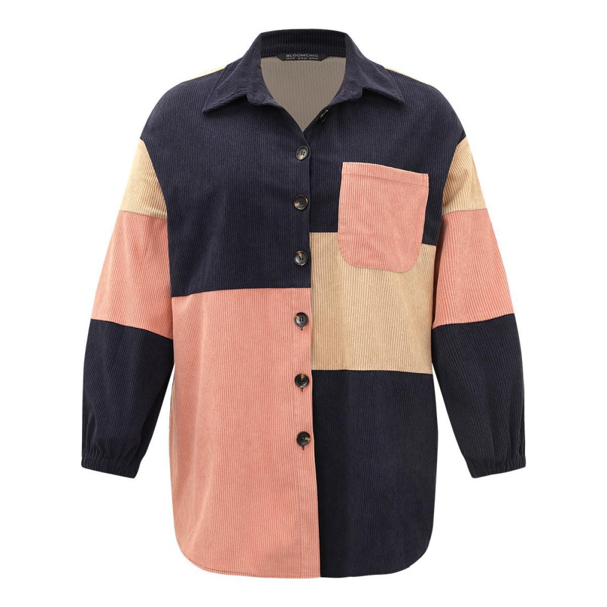 Plus Size Colorblock Contrast Patchwork Pocket Button Through Jacket Women DarkBlue Pocket Dailywear Jackets BloomChic 30/6X Product Image