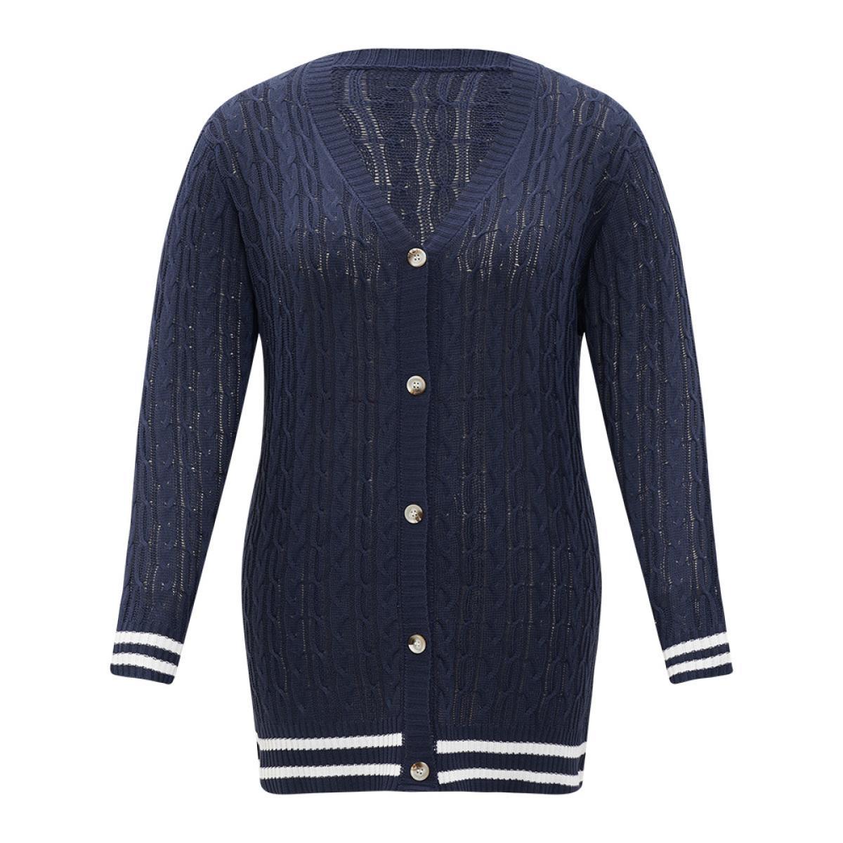Plus Size Cable Knit Striped Patchwork Button Through Cardigan Indigo Women Casual Loose Long Sleeve Dailywear Cardigans BloomChic 22-24/3X Product Image