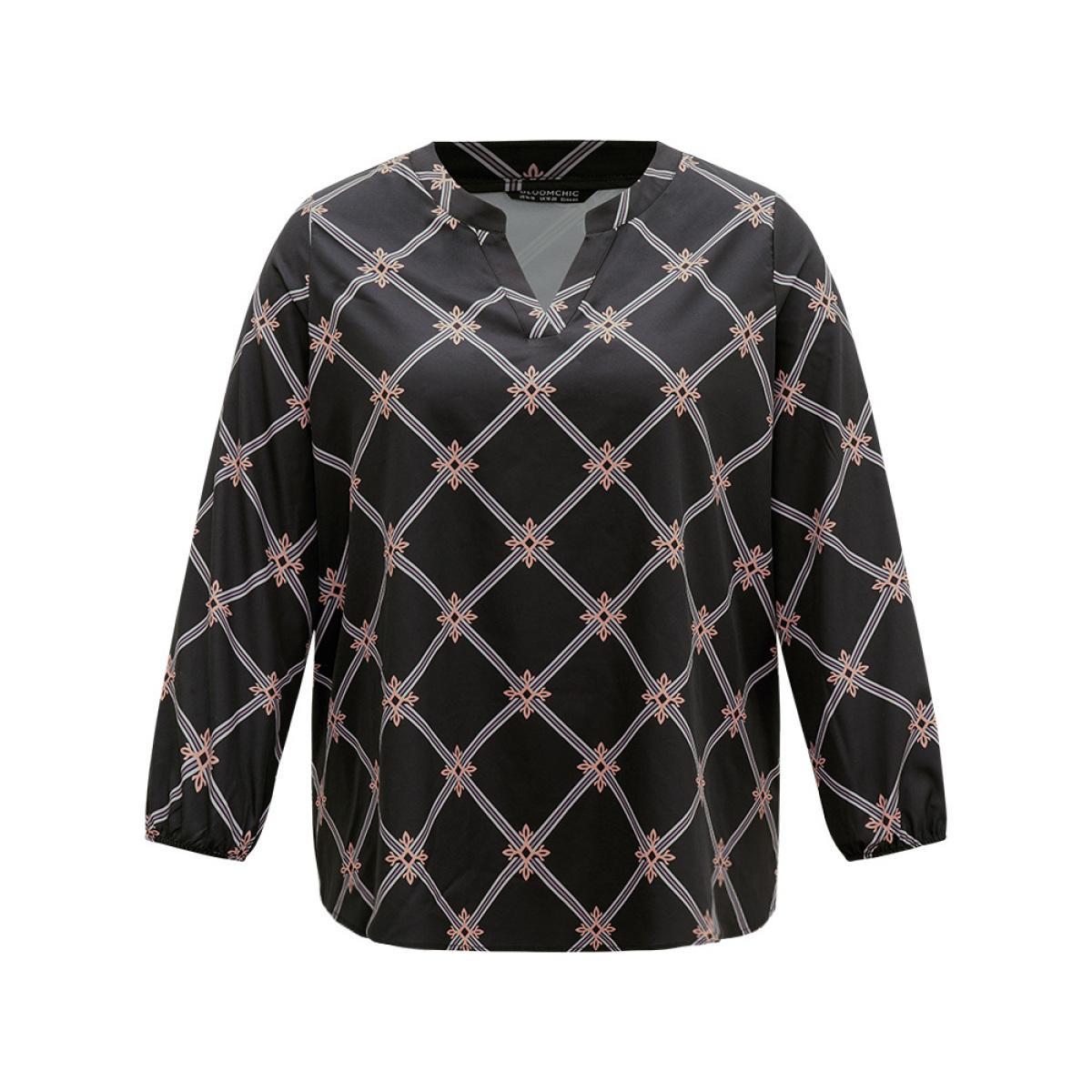 Plus Size BlackFlower Plaid Notched Elastic Cuffs Blouse Women Office Long Sleeve Notched collar Work Blouses BloomChic 12/L Product Image
