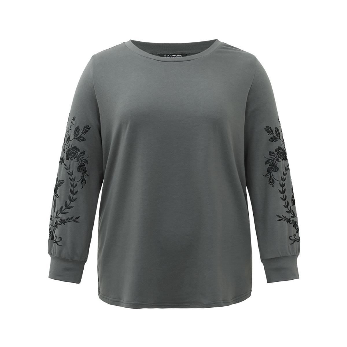 Plus Size Plants Embroidered Elastic Cuffs Crew Neck Sweatshirt Women Gray Casual Embroidered Round Neck Everyday Sweatshirts BloomChic 12/L Product Image