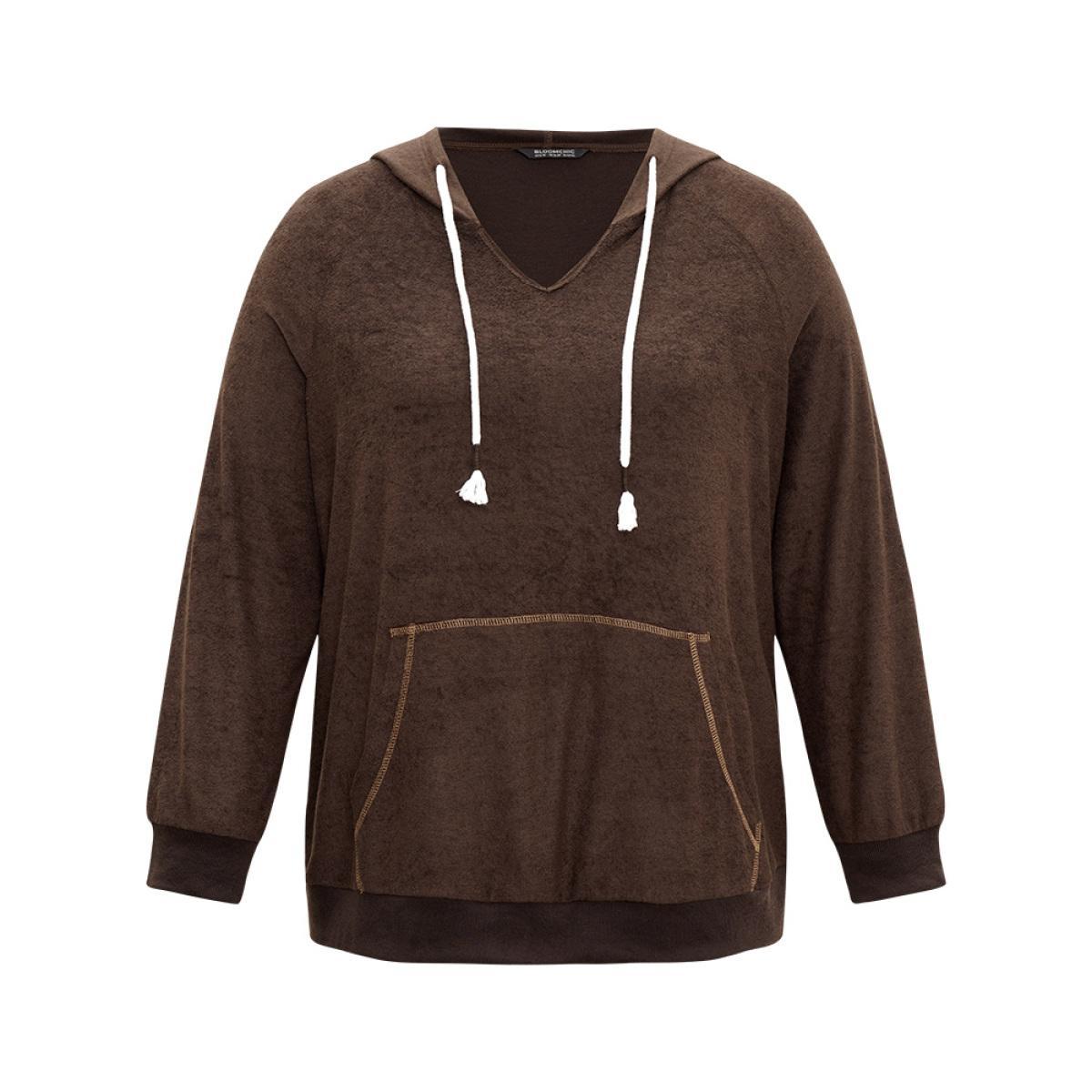 Plus Size Stitch Tassels Drawstring Hooded Sweatshirt Women DarkBrown Casual Elastic cuffs Hooded Dailywear Sweatshirts BloomChic 30/6X Product Image