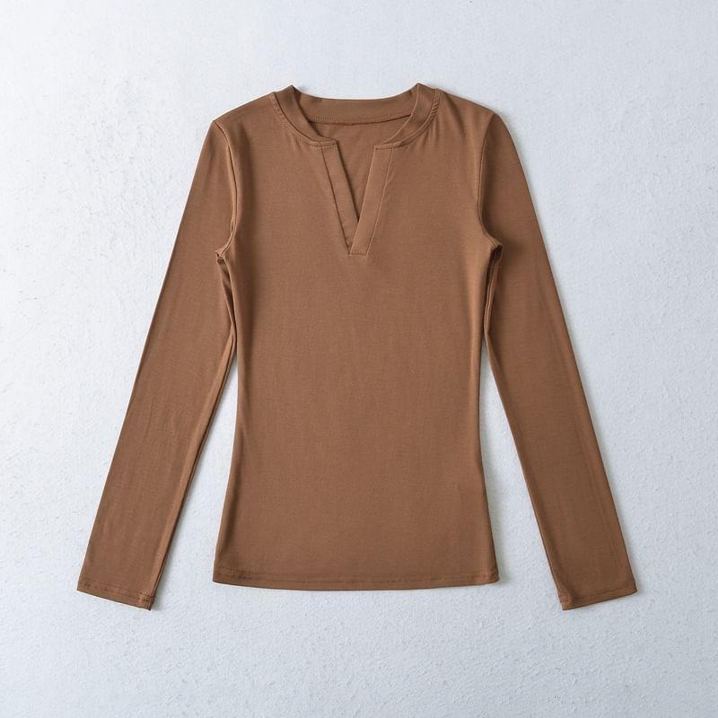 Long-Sleeve V-Neck Plain Tee Product Image