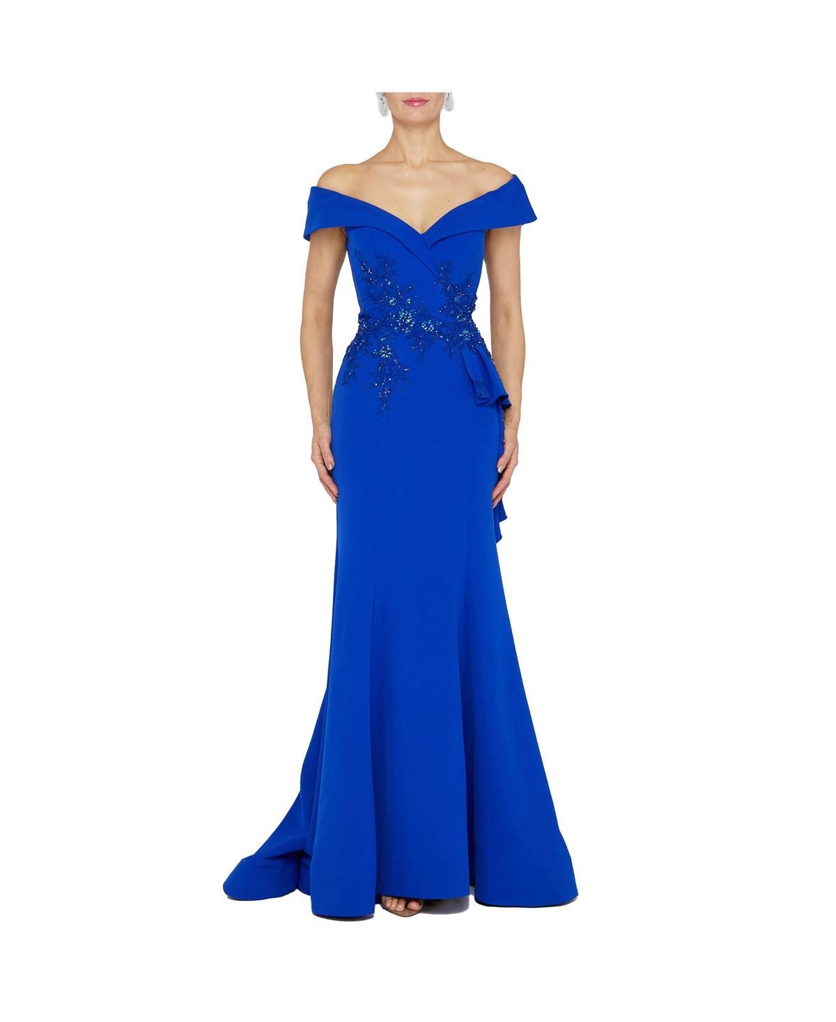 Terani Couture Off-the-Shoulder Short Sleeve Peplum Beaded Applique Mermaid Gown Product Image