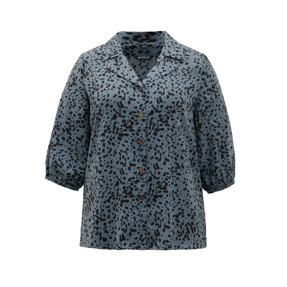 Plus Size Stone Leopard Suit Collar Elastic Cuffs Button Through Blouse Women Office Elbow-length sleeve Suit Collar Work Blouses BloomChic 28/5X Product Image