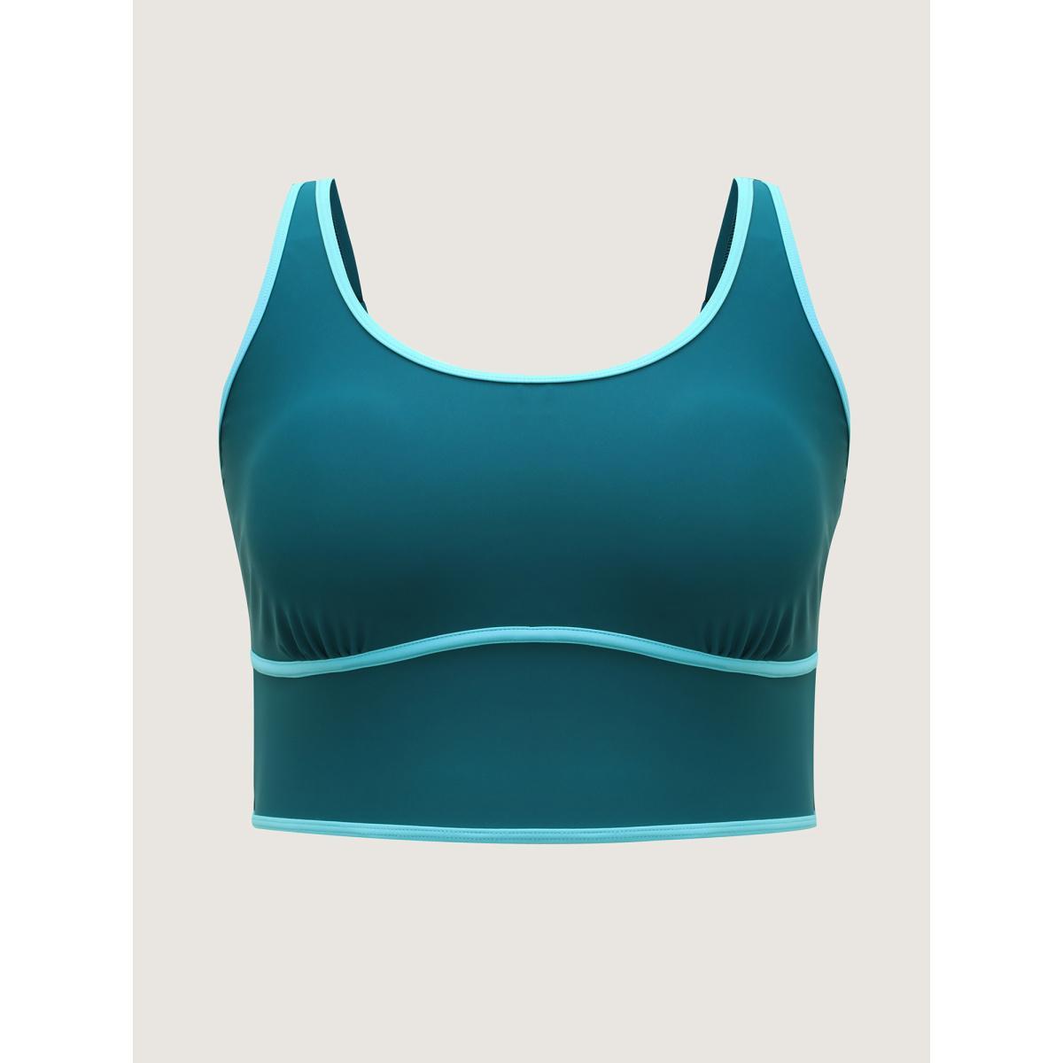 Plus Size Color Contrast Scoop Neck Swim Top Women's Swimwear Teal Beach Contrast High stretch Skinny U-neck Curve Swim Tops BloomChic 10/M Product Image