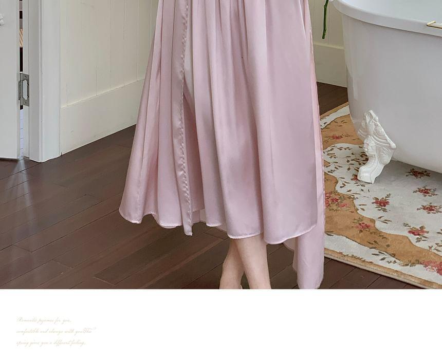 Pajama Set: Plain Lace Trim Robe + Spaghetti Strap Night Dress Product Image
