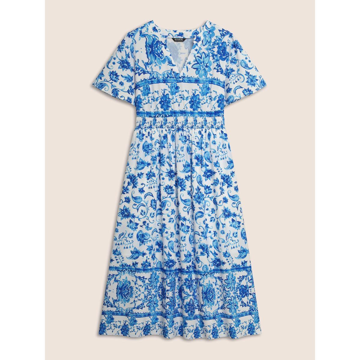 Plus Size Notched Collar Boho Print Shirred Dress Mediumblue Women Elegant Shirred Notched collar Short sleeve Curvy BloomChic 26/4X Product Image