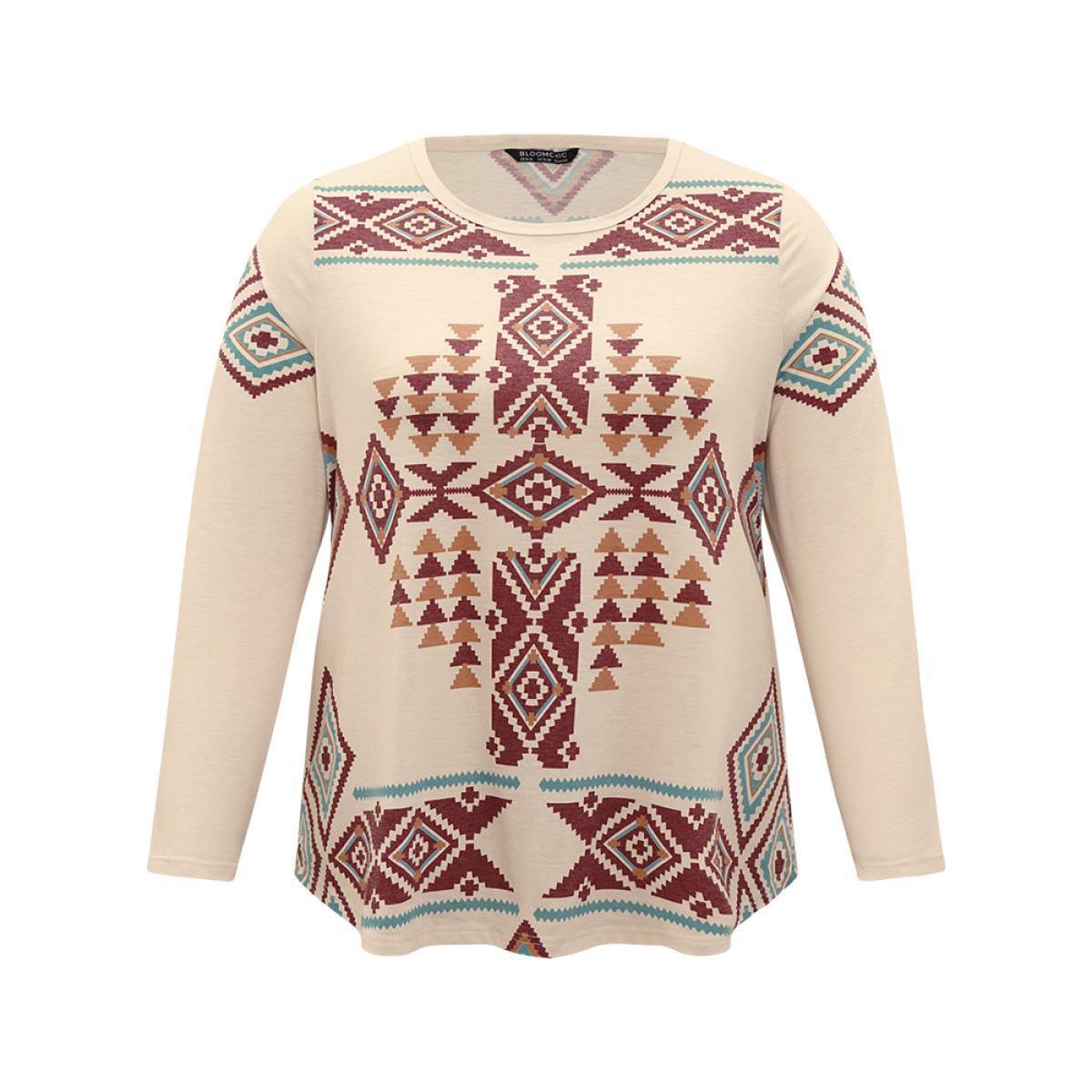Plus Size Boho Print Crew Neck Curved Hem T-shirt Apricot Women Casual Printed Bohemian Print Round Neck Dailywear T-shirts BloomChic 30/6X Product Image