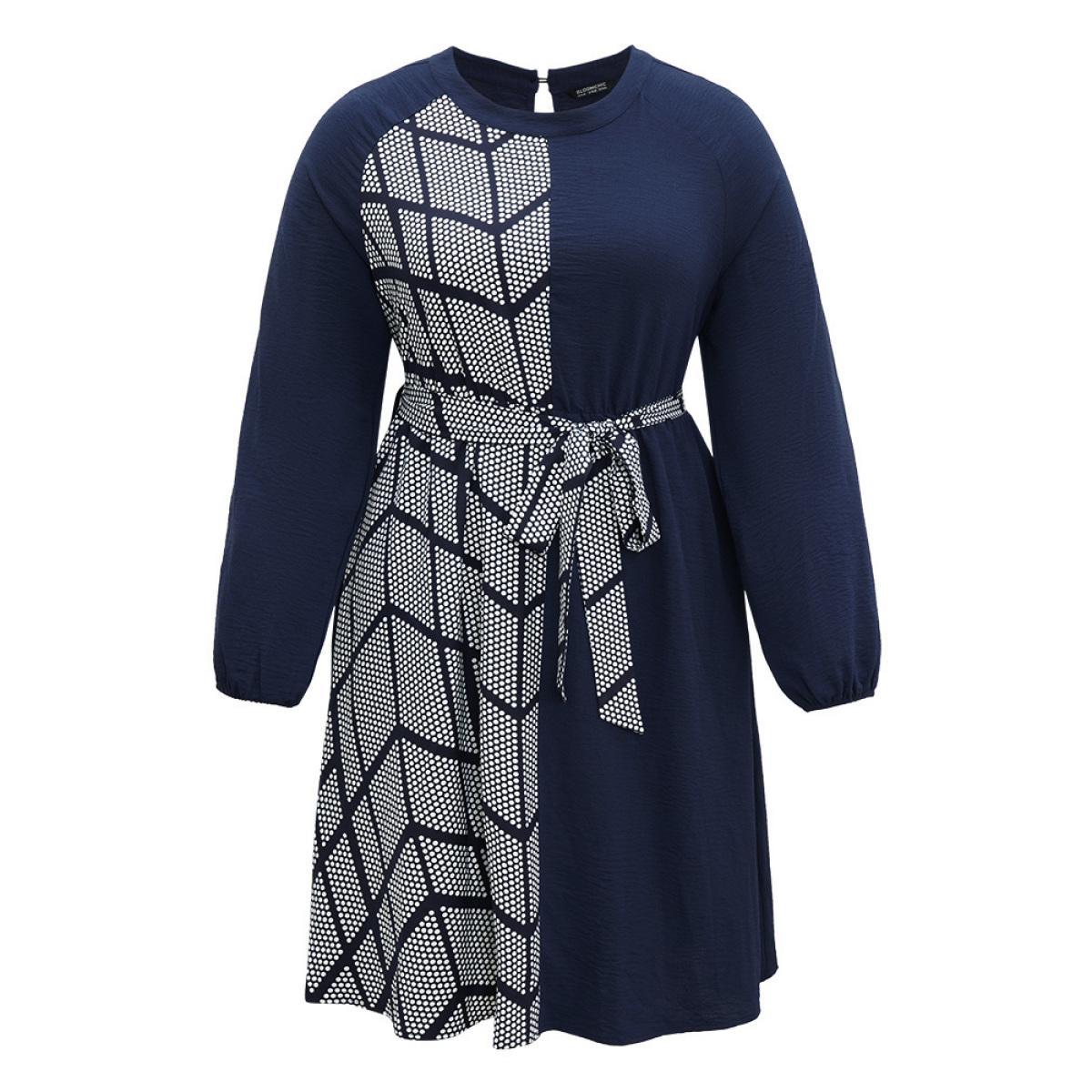 Plus Size Polka Dot Geometric Patchwork Belted Dress Navy Women At the Office Elastic cuffs Round Neck Long Sleeve Curvy Midi Dress BloomChic 12/L Product Image