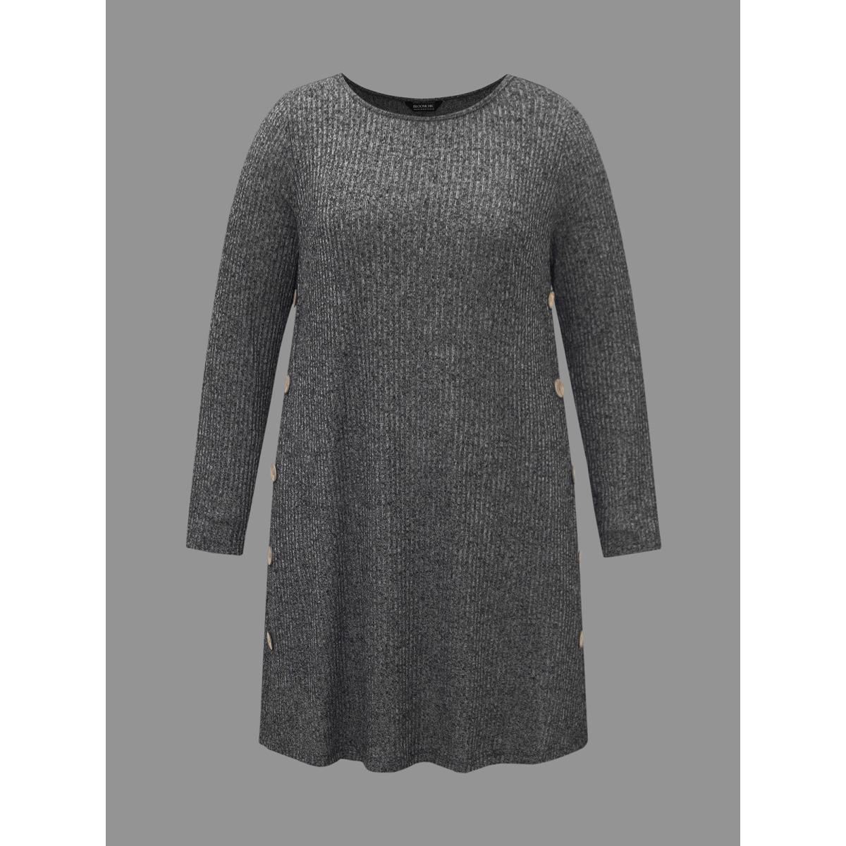 Plus Size Crew Neck HeatherRibbed Knit Dress DimGray Women Casual Button Knit Dresses Bloomchic 28/5X Product Image