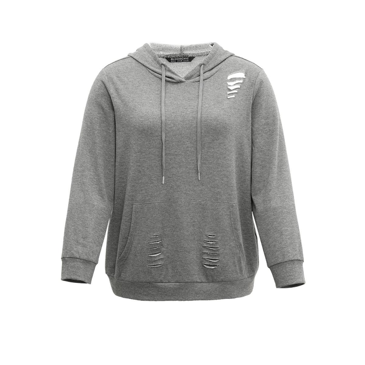 Plus Size Plain Distressed Hooded Drawstring Sweatshirt Women DimGray Casual Elastic cuffs Hooded Dailywear Sweatshirts BloomChic 26/4X Product Image